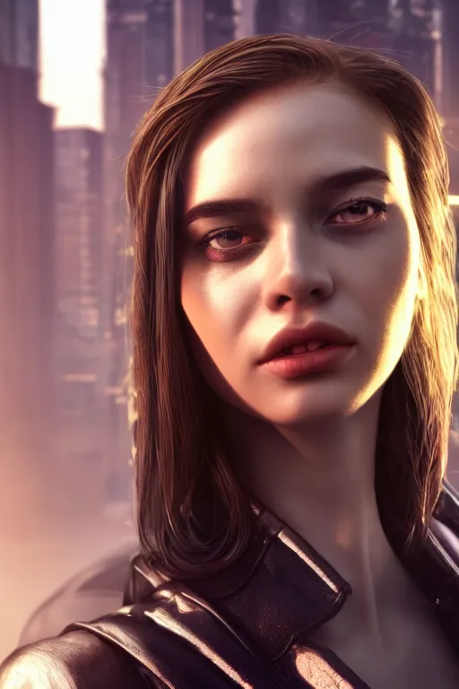 Image similar to hyperrealistic close up portrait of stunningly beautiful girl, lit by dawn light, cyberpunk city on background, trending on artstation, unreal engine