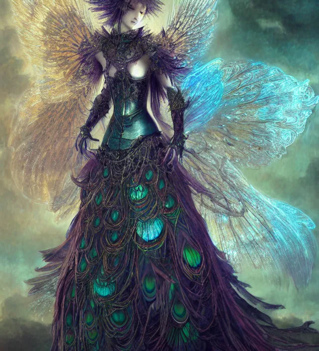 Prompt: angel knight gothic girl, peacock armor. intricate, centered, amazing composition by amano yoshitaka, by rembrandt, illustrious makinami, digital art, digital painting, artstation trending, unreal engine, fractal flame, transparent jellyfish, transparent feathers, bio luminescent, ice, water