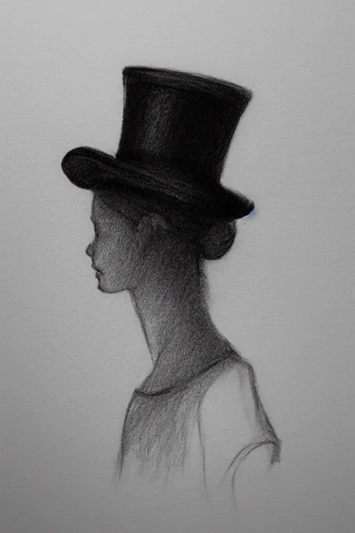 Image similar to highly detailed, cute teenage girl in a tall black top hat, profile face, pencil sketch, gray scale