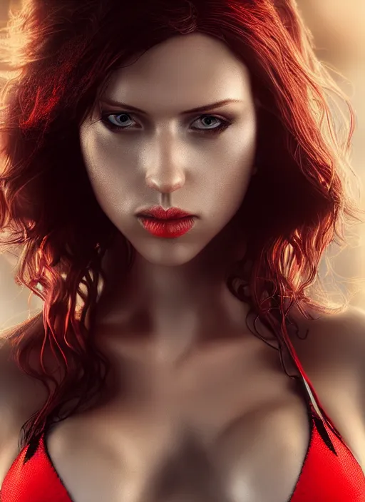 Prompt: cinematic photography of pregnant black widow in a red bikini, intricate, elegant, highly detailed, smooth, sharp focus, symmetrical face, fine details, masterpiece, trending on artstation, 4 k hdr 3 5 mm photography