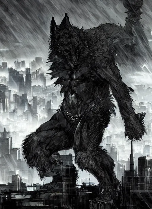 Image similar to Giant wolf towering over a city. In style of Yoji Shinkawa and Hyung-tae Kim, trending on ArtStation, dark fantasy, great composition, concept art, highly detailed, dynamic pose.