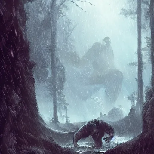 Image similar to King Kong in the forest in the storm, fantasy art, in the style of greg rutkowski, illustration, epic, fantasy, intricate, hyper detailed, artstation, concept art, smooth, sharp focus, ray tracing