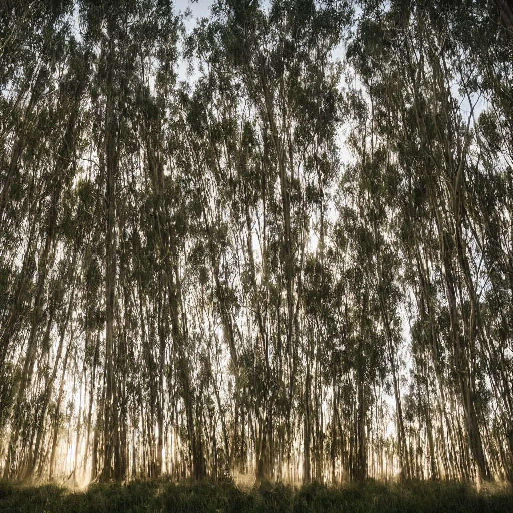 Prompt: long exposure photograph of moving eucalyptus trees in a strong wind, back light, sony ar 7 ii, photographed by julie blackmon