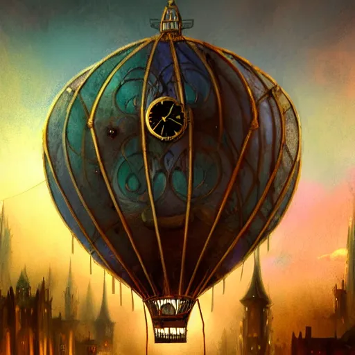 Image similar to a beautiful stunning fantasy whimsical matte digital illustration of a scene of a steampunk hot - air balloon over a lit steampunk city at night by marc simonetti, pastel color palette, disney magic the gathering steampunk!!!, chiaroscuro magical! bokeh moon stars dramatic romantic! epic breathtaking, clock tower,, trending on artstation hq, masterpiece