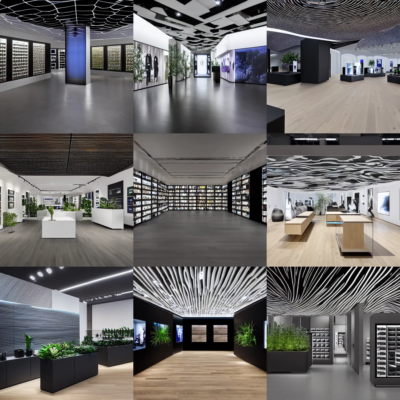 Prompt: hyperdetailed ethereal samsung store, oak parquet, black walls, digital walls, plants