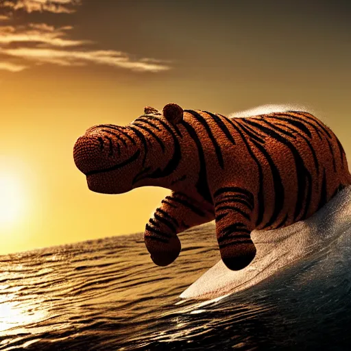 Image similar to a closeup photorealistic photograph of a cute smiling knitted tiger hippopotamus chasing a beachball at sunset. surf in the background. professional capture. this 4 k hd image is trending on artstation, featured on behance, well - rendered, extra crisp, features intricate detail, epic composition and the style of unreal engine.