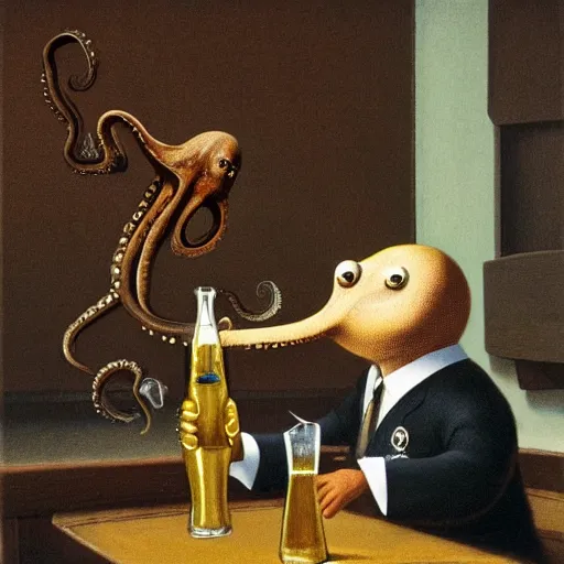 Prompt: An octopus drinking a beer in a pub, an illustration by Michael Sowa, but as photograpy