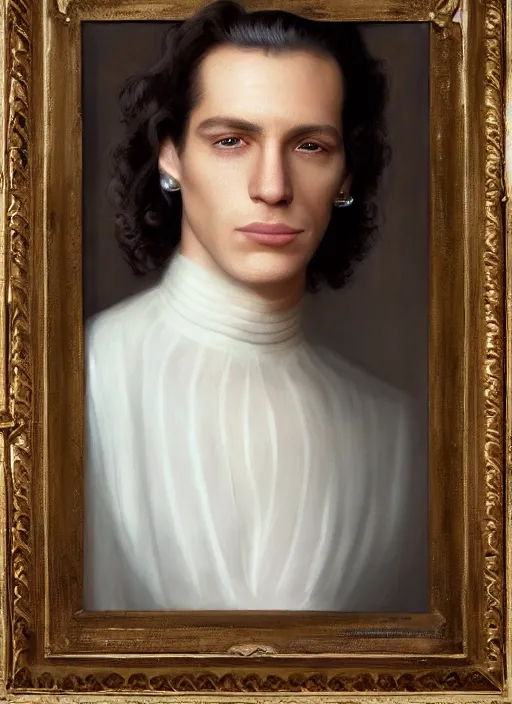 Prompt: a skinny young white male with long slicked back curly hair close-up portrait of young white male wizard, with white hair shoulder length slicked back hair, with pearl necklace and pearl earing, in the museum, in white turtleneck shirt, Tarzan, painting in the museum, highly detailed, sharp focus, digital painting, artwork by Kinkade, by Victor Adame Minguez by Tom Lovell by Leyendecker by Sandro Botticelli