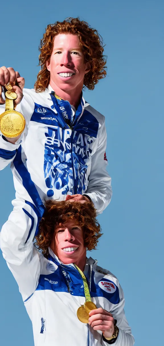 Prompt: high quality portrait of shaun white holding a gold medal with blue sky above him, rule of thirds, full body shot, sharp focus, extremely detailed, studio photography