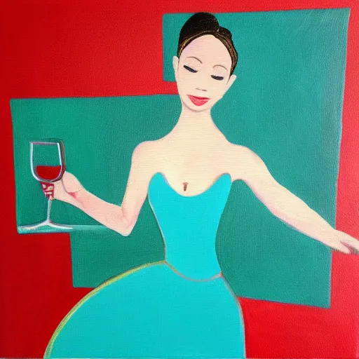 Image similar to square painting of a ballerina drinking wine in a teal room all on a red background