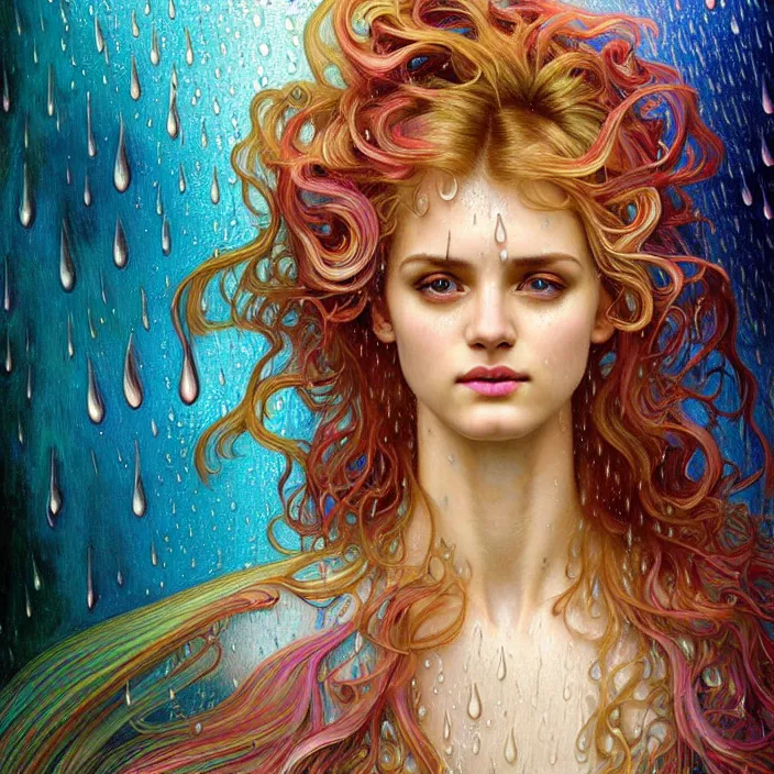 Prompt: bright psychedelic angel portrait with rain on face and wet hair, smiling, diffuse lighting, fantasy, intricate, elegant, highly detailed, lifelike, photorealistic, digital painting, artstation, illustration, concept art, smooth, sharp focus, art by John Collier and Albert Aublet and Krenz Cushart and Artem Demura and Alphonse Mucha