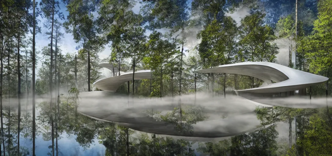 Image similar to curved roof planes lift and descend creating shade and architectural expression, highly detailed, situated in the forest, next to a highly reflective lake, marble, vivid color, high resolution photography, mist, luxury