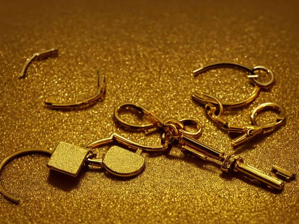 Prompt: a close up of a gold key chain, a macro photograph by dennis h. farber, featured on behance, kitsch movement, rendered in cinema 4 d, octane render, tilt shift