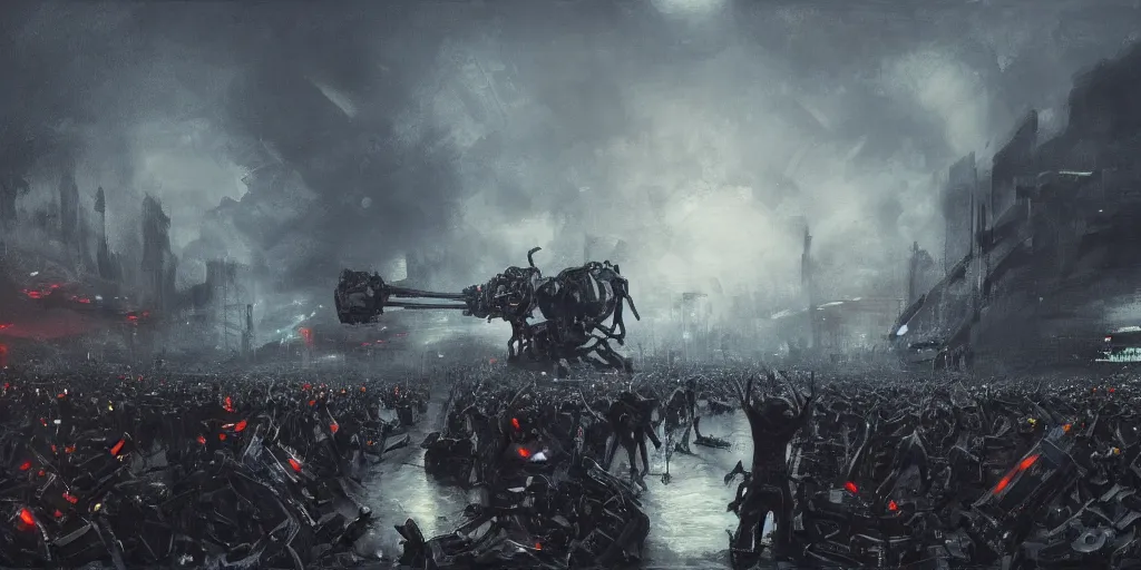 Image similar to concept art, of a close view of [ rage against the machine ] band memebers!!! humans fighting with robots!!!, concert, detailed, close shot, dark concept art, dark skies painting by wlop, nixeu and greg rutkowski, beautiful, semirealism, artstation, octane render, oil painting, sharpness, 8 k, golden ratio