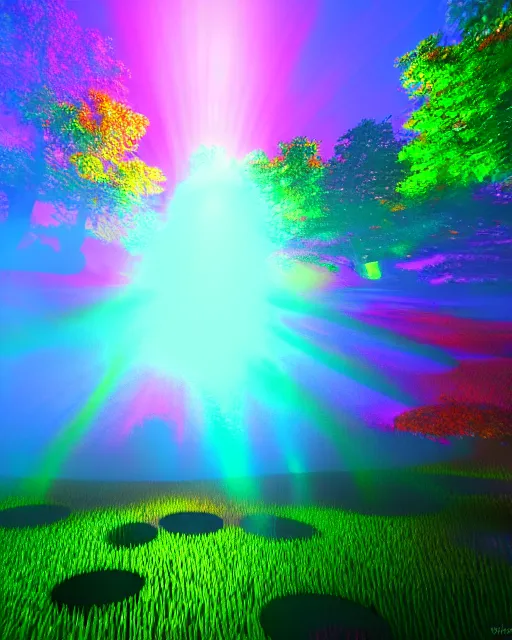 Prompt: mystical forest with a pond with a bright beam of light shining down through the clouds colorful trippy acid trip colorful 8 k 3 d sunshine rays volumetric lighting trending on artstation vray colorful