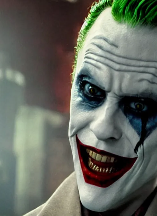 Image similar to film still of Jared Leto as The Joker in The Dark Knight, 4k