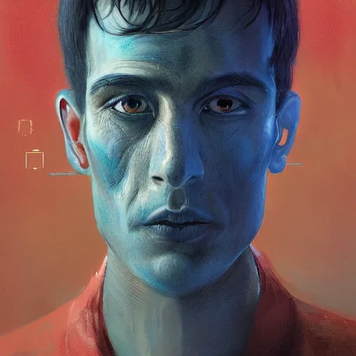 Image similar to surreal portrait of a man by Greg Rutkowski, symmetrical face, he is about 30 years old, short black hair with bangs, his features are a mix between French, Turkish and Russian, transformed into a kind of biomechanical transhuman god, blue glowing eyes, expression of epiphany and determination, cosmic void background, frightening, fascinating, highly detailed portrait, digital painting, book cover, artstation, concept art, smooth, sharp foccus ilustration, Artstation HQ