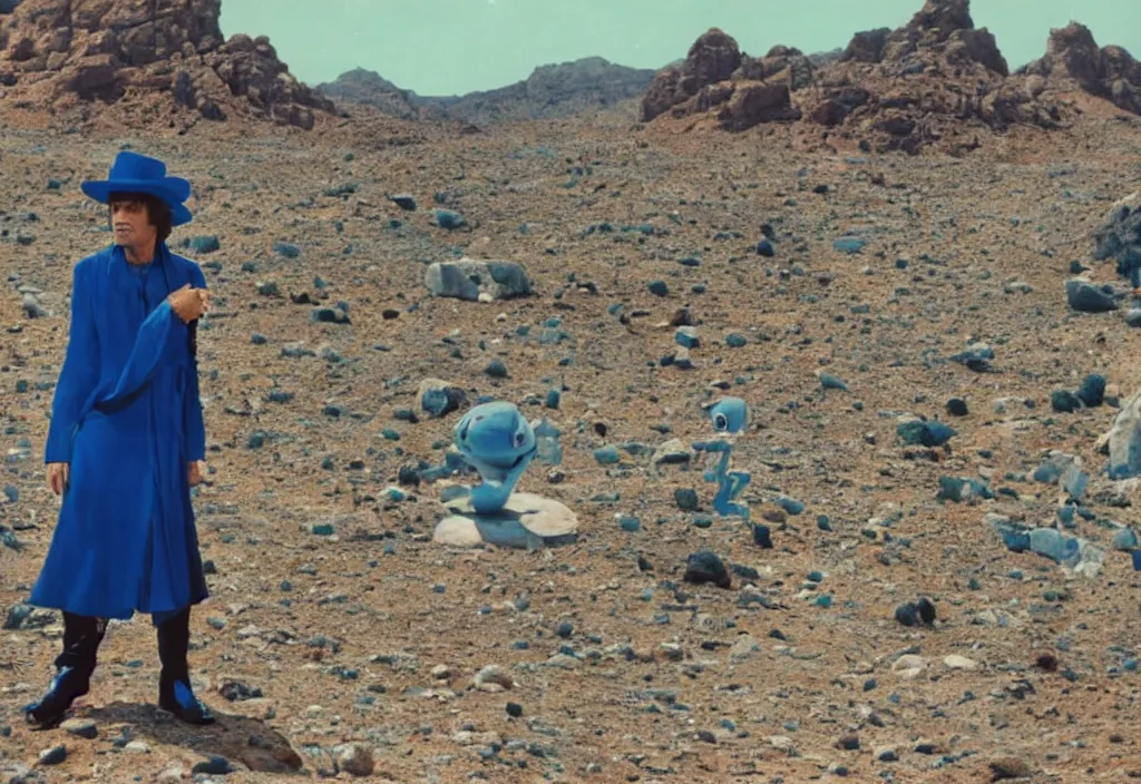 Prompt: mick jagger dressed in blue costume with many jewels in a dry rocky desert landscape, ultradetailed alien complex city and giant alien spaceship in the background, by christopher doyle and alejandro jodorowsky, anamorphic lens, kodakchrome, cinematic composition, masterpiece, 8 k