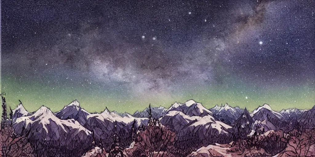 Image similar to stunning cold mountain landscape with sky and the milky way by posuka demizu