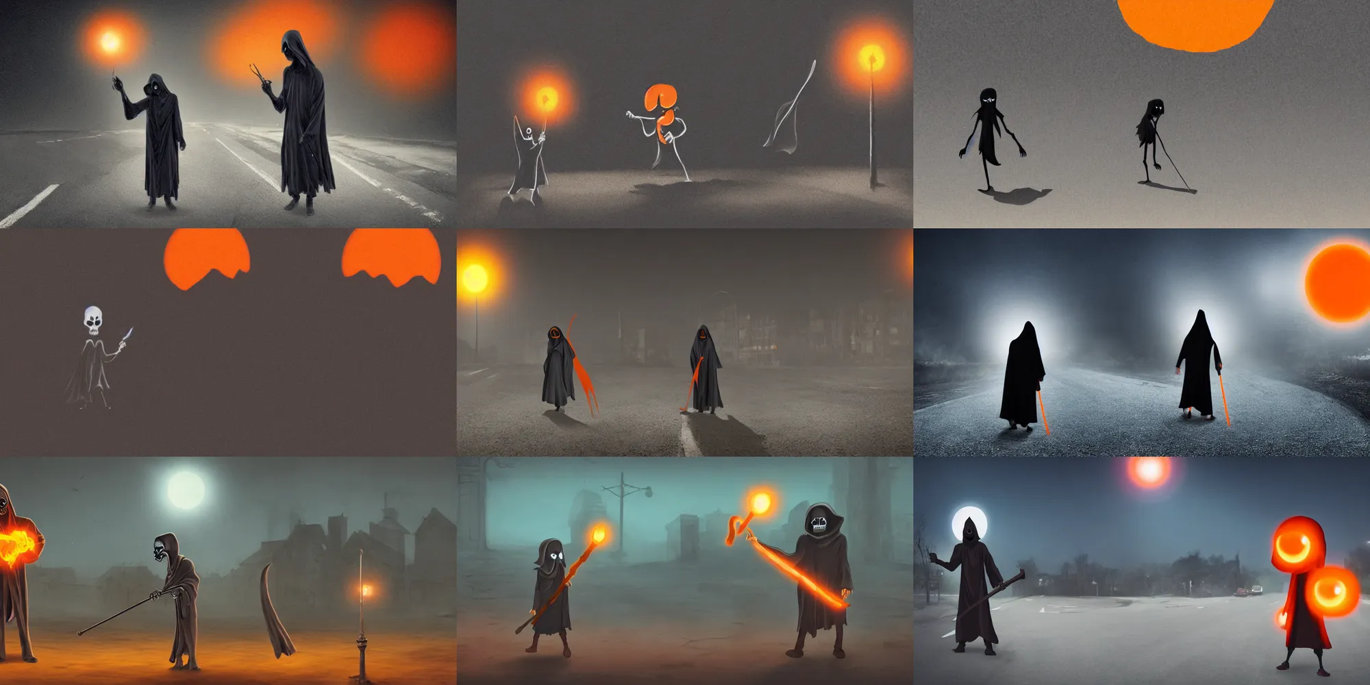 Prompt: The grim reaper with orange-glowing eyes, casting a spell on a barren street in the middle of the night.