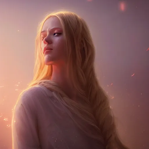 Prompt: Masterpiece portrait of an aesthetic beautiful realistic blond priestess, longer hair , 30 years old woman, praying, cinematic light, digital painting by WLOP, atmospheric effects, fireflies, 4K, octane render, artstation, deviantart, close view