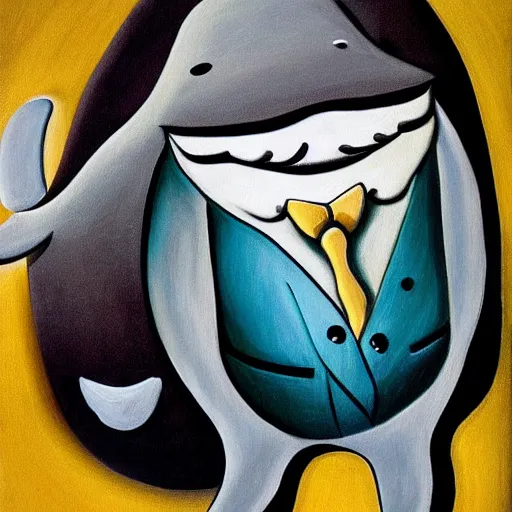 Prompt: anthropomorphic whale wearing a tuxedo and a baseball hat painting detailed dali style