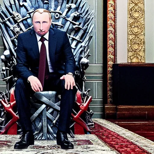 Image similar to “Putin sitting on the iron throne, 4k, award winning, Photograph”