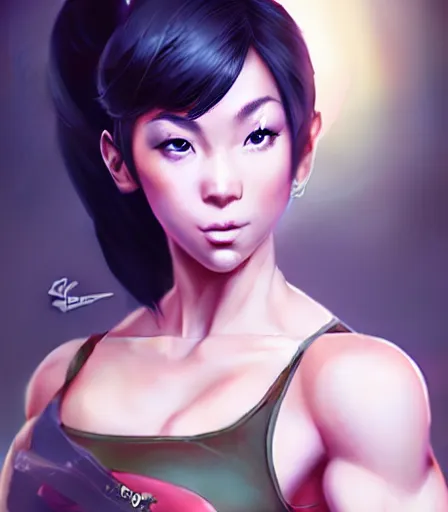 Image similar to beautiful portrait of a gorgeous personal trainer who looks like Chun Li , character design by charlie bowater, ross tran, artgerm, and makoto shinkai, detailed, soft lighting, rendered in octane