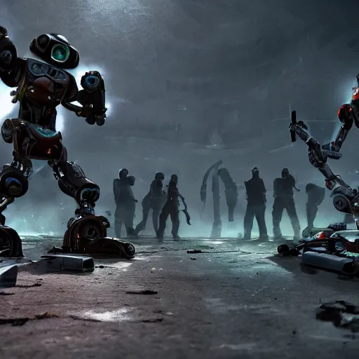 Image similar to xbox robot vs playstation robot, post apocalyptic, hd, unreal engine, cinematic