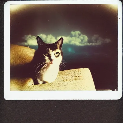 Image similar to polaroid photo of a cat watching a mushroom cloud in the background