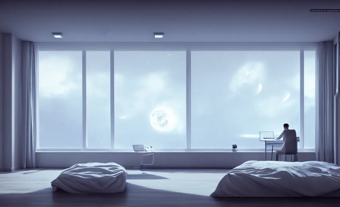 Image similar to bedroom, white bed, desk, computer, warm light, floor to ceiling window, the night scene outside the window. future science fiction. game cg, hyperdetailed, trending on cgsociety