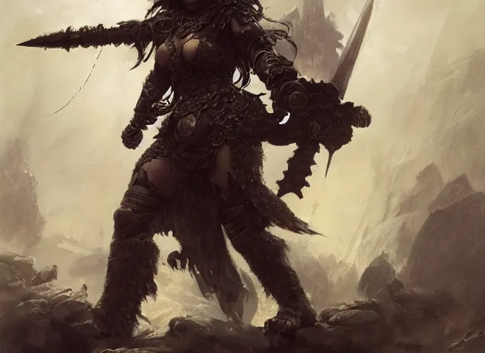 Prompt: A full portrait of a beautiful fur-armored berserker woman, dragging an oversize Gothic claymore into battle, by Frank Frazetta, Greg Rutkowski, Boris Vallejo, epic fantasy art, Exquisite detail, post-processing, masterpiece, cinematic