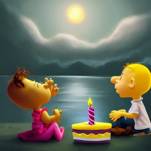 Prompt: ultra detailed matte painting of the worst birthday ever : 2, charles schulz and rhads, featured on artstation