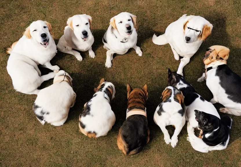 Image similar to portrait of a group of pensive, studious dogs sit together in a circle, high resolution photograph