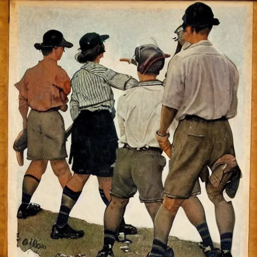 Image similar to 1946 baseball game, small town America, women in suits, women players, drawn by Norman Rockwell