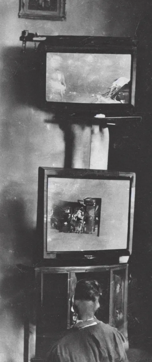 Image similar to 1 9 0 0 s photo of a person watching a flat screen hd tv