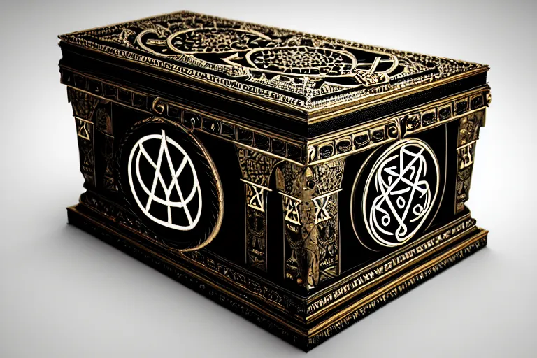 Image similar to an ancient ornate intricate old spell satanic coffin with the sigil symbol of evil emblazoned on the cover, cinematic, realistic, intricate detail, finely detailed, small details, extra detail, photorealistic, high resolution, 3 d, pbr, path tracing, volumetric lighting, octane render, arnold render, 8 k