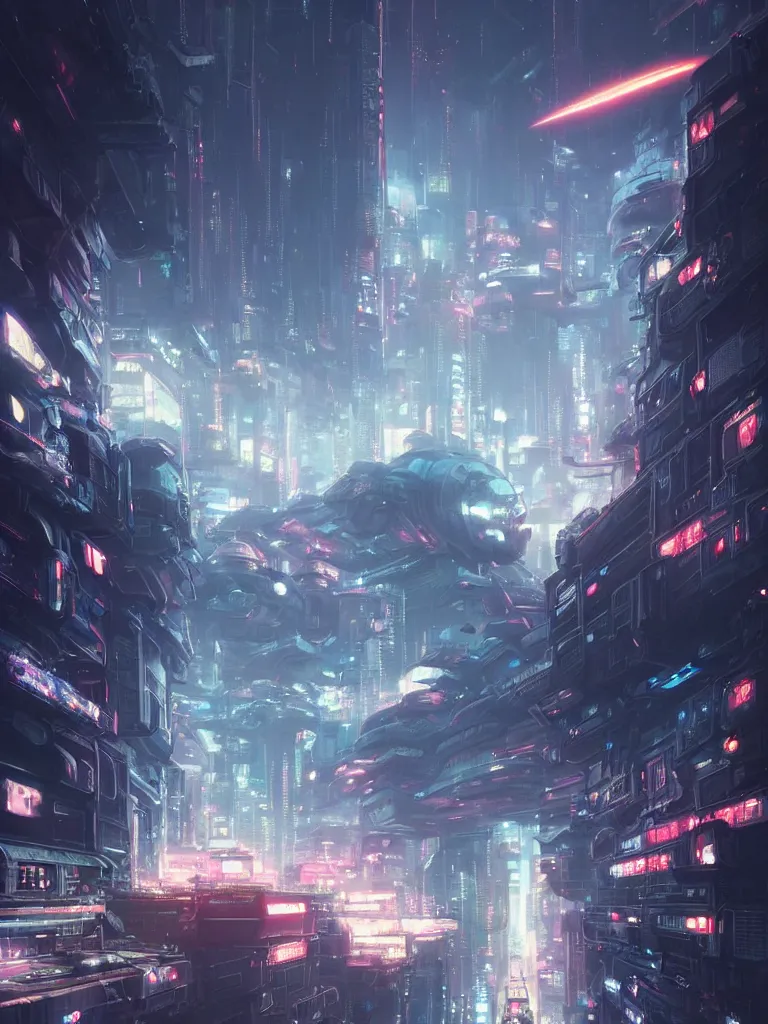 Image similar to Beautiful Epic scene of a beautiful gigantic futuristic military spacecraft carrier above a futuristic Tokyo style military city, by Greg Rutkowski and Krenz Cushart and Pan_Ren_Wei and Hongkun_st and Bo Chen and Enze Fu and WLOP and Alex Chow, Madhouse Inc., anime style, crepuscular rays, set in rainy futuristic cyberpunk Tokyo street, dapped light, dark fantasy, cgsociety, trending on artstation