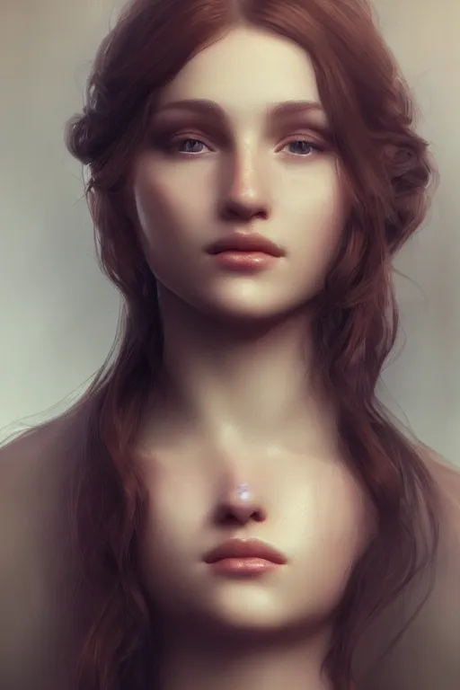 Image similar to beautiful portrait of a beautiful woman, Portrait, Rays of Shimmering Light, Natural Lighting, Artstation, by Pre-Raphaelite Brotherhood, Unreal Engine