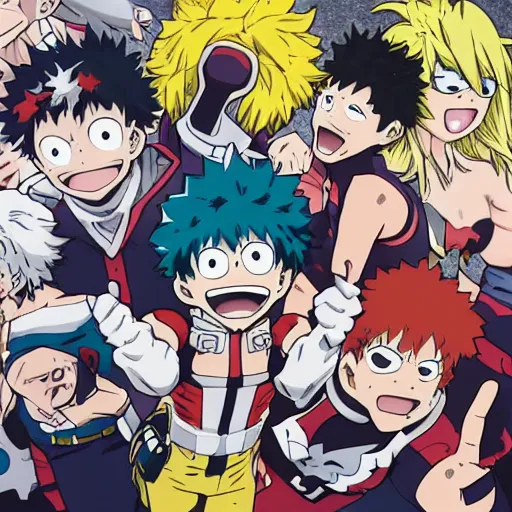 Image similar to my hero academia characters posing for a picture