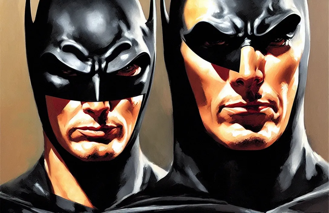 Image similar to portrait of adam west batman!!!!!!!!!!!!!!!!!!!!!!!!!!!, detailed face, detailed painting,, epic lighting, by ilya repin, phil hale and kent williams