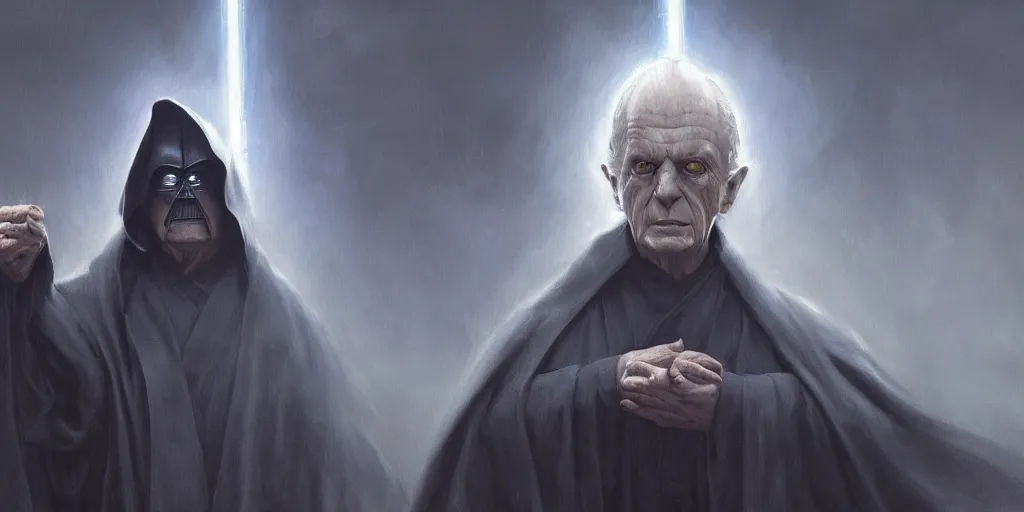 Image similar to a painting of a cinematic keyframe of star wars emperor palpatine, darth sidious, heavy atmosphere and smoke by greg rutkowski, rule of thirds, golden ratio, ambient lighting, wlop, artgerm, artstation, highly detailed masterpiece, dark fantasy art, high detail, trending on artstation