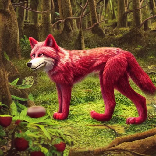 Image similar to a strawberry wolf roaming through the woods of a chocolate tree forest, photorealistic, cinematic