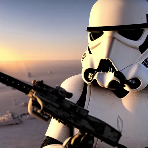 Prompt: A realistic photo with a mixture of Stormtrooper and american soldier, hyper-realistic, 8K HDR, sunset