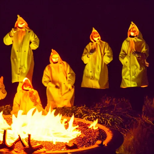 Image similar to a gathering of yellow raincoat wearing cat magicians summon a fire goddess from the depths of a raging fire pit, flames are emerging from fissures in the ground.