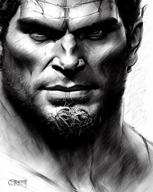 Prompt: henry cavill as orc barbarian | | pencil sketch, realistic shaded, fine details, realistic shaded lighting poster by greg rutkowski, magali villeneuve, artgerm, jeremy lipkin and michael garmash and rob rey