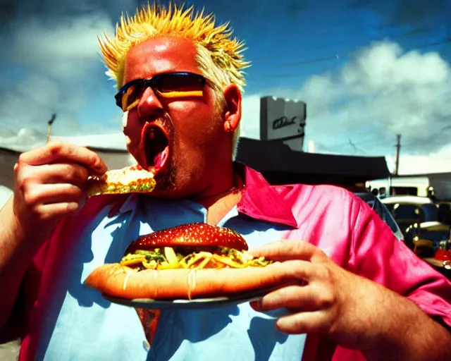 Prompt: dramatic color photo of guy fieri eating a burger, detailed and creepy, by william eggleston, fujifilm velvia 5 0, color photography, sigma 2 8 mm