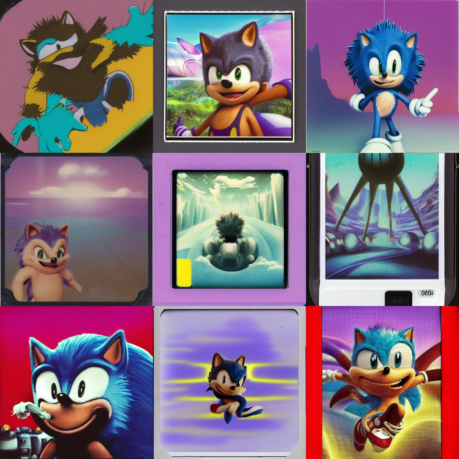 Prompt: polaroid instax portrait of sonic hedgehog and a matte painting landscape of a surreal, sharp, foggy, detailed professional, soft pastels, high quality airbrush art album cover of a liquid dissolving airbrush art lsd dmt sonic the hedgehog swimming through cyberspace, purple checkerboard background, 1 9 9 0 s 1 9 9 2 sega genesis rareware video game album cover