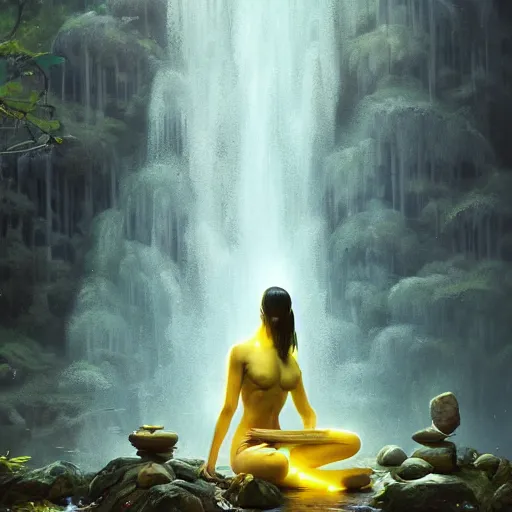 Image similar to a sage meditates under a waterfall pieces with glowing yelow eyes, as a realistic, torso, art by james jean and greg rutkowski!!, real body proportions, digital art,, golden ratio, perfect composition, trending on artstation, 8 k