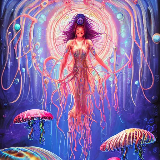 Prompt: iridescent painting of jellyfish priestesses, jellyfish shrine maiden, jellyfish temple, undersea temple, underwater shrine, neon jellyfish, by artgerm, art by Ayami Kojima, by Karol Bak, by Greg Hildebrandt, by Mark Brooks, by Noah Bradley, by Darek Zabrocki, by Tyler edlin, by Jordan Grimmer, by Neil Blevins, hy James Paick, by Natasha Tan , rich deep colors, art by Takato Yamamoto, masterpiece, ultra details, high quality, high resolution, by trending on artstation, cgsociety unreal engine, octane render, cinematic light, high details, iridescent colors, macro, vermillion and fuschia, cyan and magenta, rainbow colors, cinematic top lighting, insanely detailed and intricate, Charlie Bowater, golden ratio, symmetric, elegant, ornate, luxury, elite, matte painting, cinematic, trending on cgsociety, 8k, high resolution